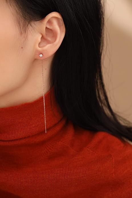 S.Leaf Gold Chain Threader Earrings for Women Trendy 925 Sterling Silver Hypoallergenic Cubic Zirconia Backless Ardant Chain Duster Threader Double Piercing Pull Through Earrings for Women Girls Birthday Gifts