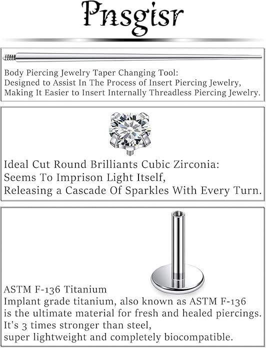 F136 Titanium 20/18/16G Internally Threaded Flat Back Stud Earrings Nose Rings Lip Medusa Monroe Labret 6/8/10mm Short/Long Bar Piercing Jewelry with Taper for Women Men