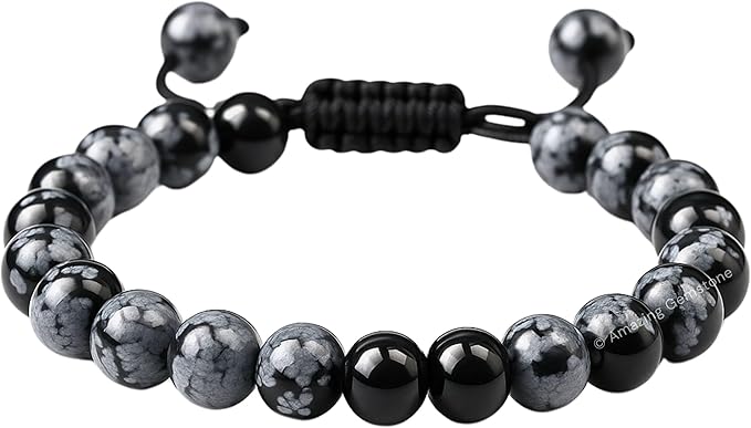 Amazing Gemstone Snowflake Obsidian Bracelet for Women Men's Gifts - Protection Healing Crystal Bracelet - 8mm Gemstone Beaded Adjustable Bracelet