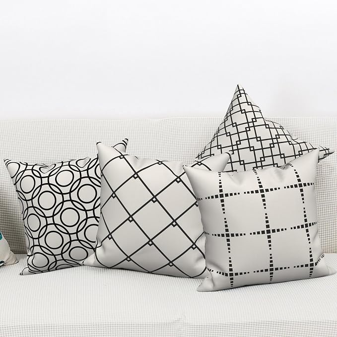 4 Pcs/Set Geometric Throw Pillow Covers Modern Geometric Lines Round Square Pattern Black White Minimalist Linen Cushion Case for Home Outdoor Couch Sofa Farmhouse Decor, 24"x24"