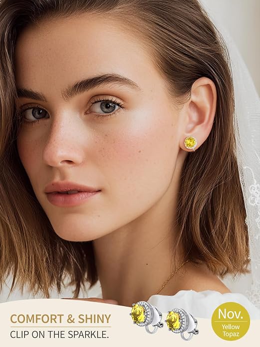 FindChic Sparkling Birthstone Clip On Earrings for Women, Silver Plated Stud Earrings 8MM Cubic Zirconia Non Pierced Studs, 12 Months Birthday Jewelry Gift