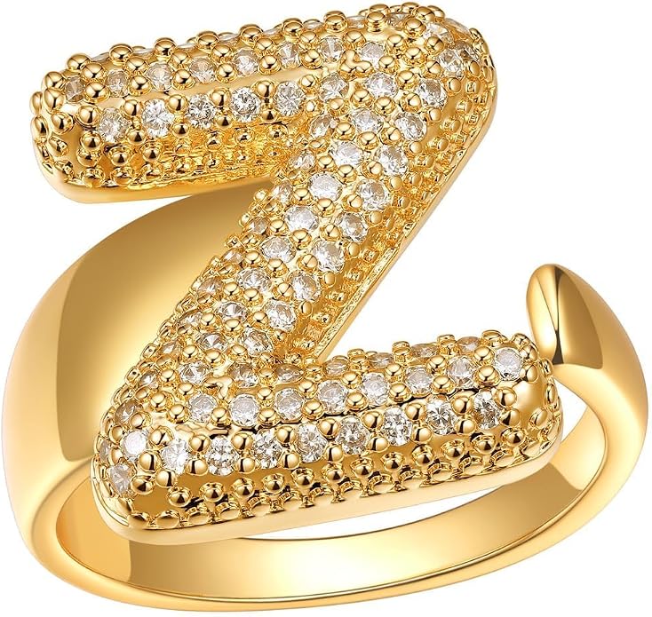 FindChic Initial Ring for Women, Gold Plated Chunky Letter Rings Open Adjustable Trendy Sparkling Cubic Zirconia Personalized Statement Rings Jewelry Gift