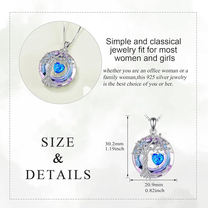 POPLYKE Mothers Day Gifts for Mom Her Wife Tree of Life Necklace 925 Sterling Silver Birthstone Pendant with Crystal Anniversary Birthday Wedding Jewelry for Women