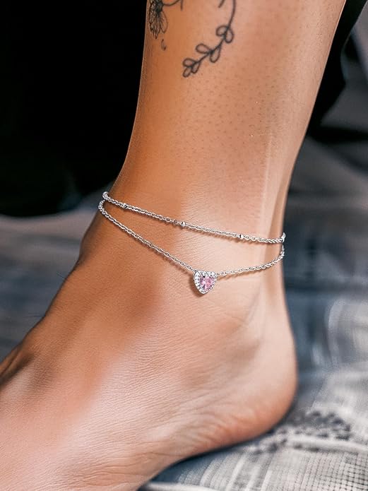 Richsteel Double Layer Heart/Butterfly Birthstone Anklet for Women Non Tarnish Waterproof, Silver/Gold/Black Stainless Steel 8.5-10.5 Inch Adjustable Chain Anklets Jewelry Gifts for Her