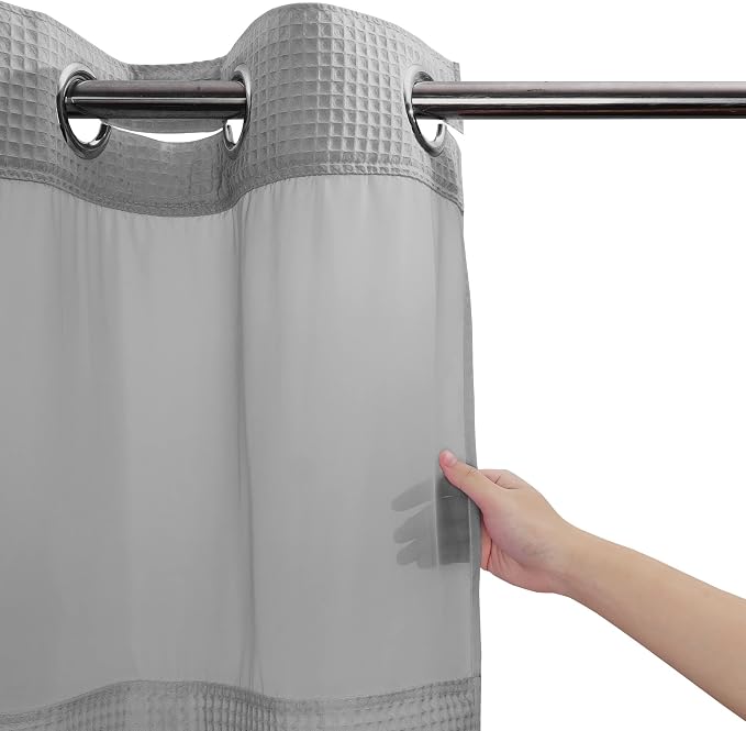 River Dream Cotton Blend Fabric Shower Curtain Set with Liner, Gray, 54x80 | Waffle Weave, No Hook Needed, with Snap in Replacement Liner, Top Sheer Window, Hotel Quality Fabric for Bathroom
