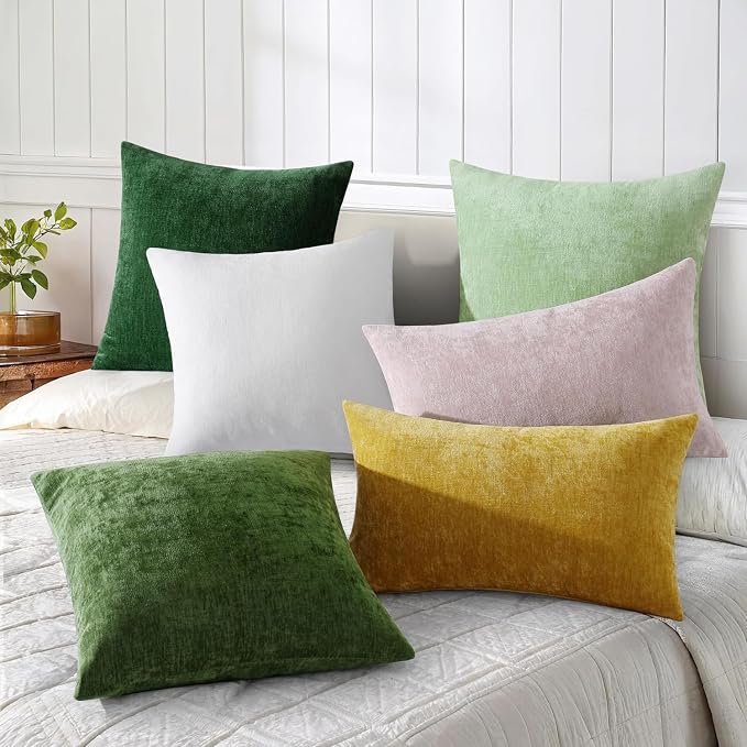 decorUhome Soft Chenille Moss Green Throw Pillow Covers 16X16 Set of 2 | Decorative Fall Couch Pillow Covers Solid Dyed Accent Modern Farmhouse Neutral Square Pillow Cases for Sofa