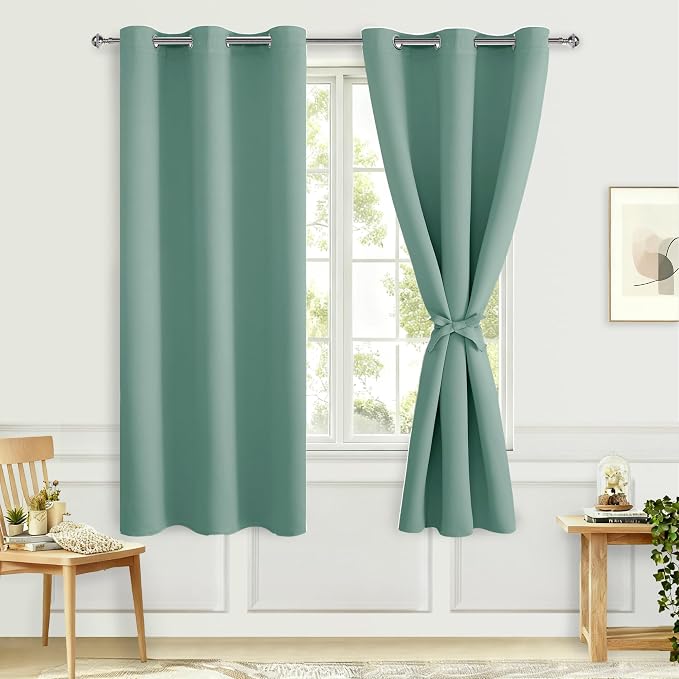 Hiasan Blackout Curtains for Bedroom, 42 x 63 Inches Length - Thermal Insulated & Noise reducing Window Curtains for Living Room, 2 Drape Panels Sewn with Tiebacks, Sage Green