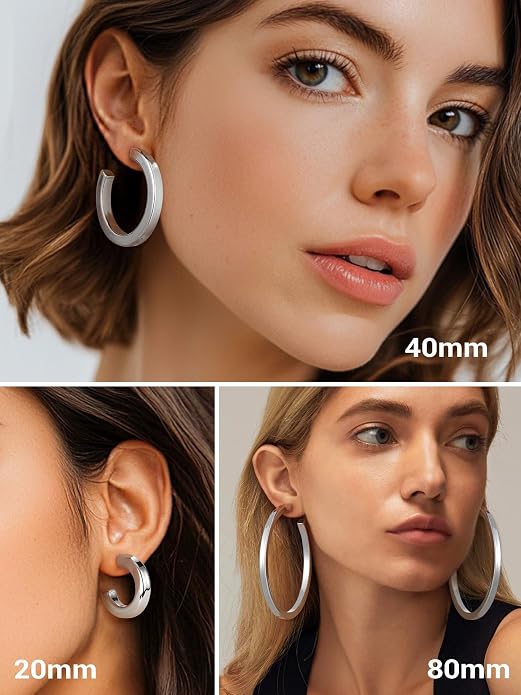 Stainless Steel Chunky Hoop Earrings For Women, Minimalist and Chic, Black/Gold Plated, Round Hoops Earrings Hypoallergenic, Size: 30mm/40mm/60mm/80mm, Come with Box