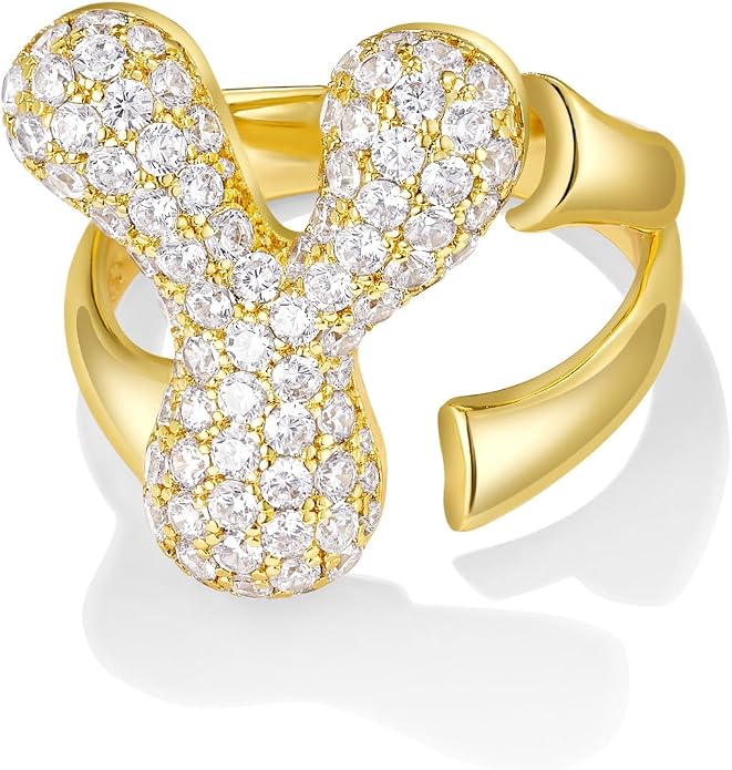 KissYan Bubble Initial Ring for Women, 14K Gold Plate Balloon Jumbo Letter Rings Open Adjustable Dainty Pave CZ Personalized Fashion Jewelry Gift for Mother's Day