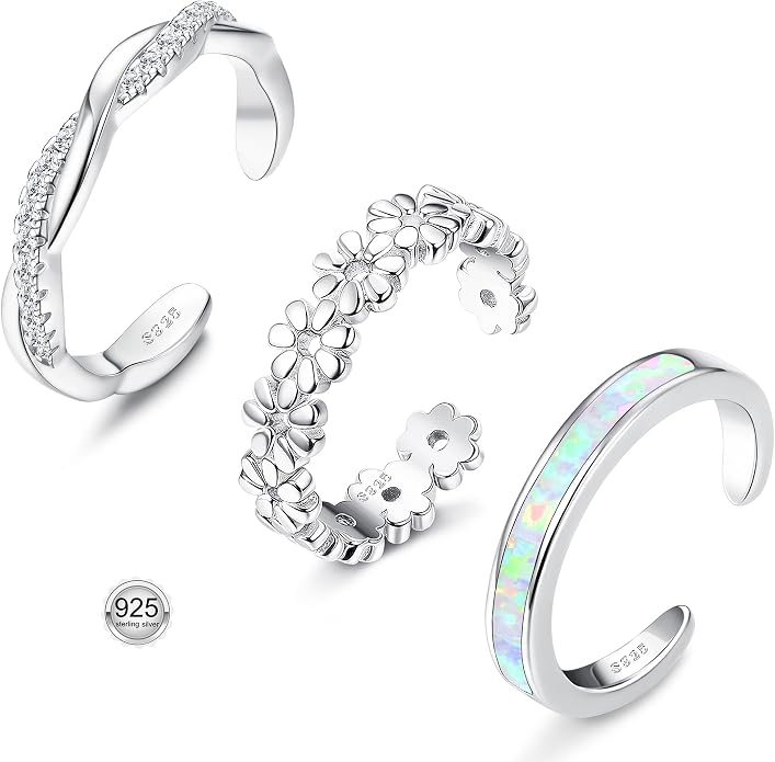 FIASASO 3Pcs 925 Sterling Silver Toe Rings for Women Adjustable 14K White Gold Plated Flower Twist Opal Band Rings Summer Beach Open Toe Rings Foot Jewelry Set