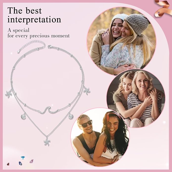 Layered Choker Necklaces for Women S925 Sterling Silver Circle/Heart/Cross/Star Multi Layered Necklace Handmade Bead Chain Adjustable Jewelry for Birthday