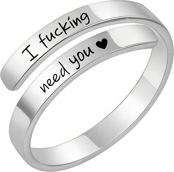 I Fcking Love You Ring, Stainless Steel Engraved Inspirational Words Heart Open Adults Women Vintage Promise Rings Lover Wife Jewelry