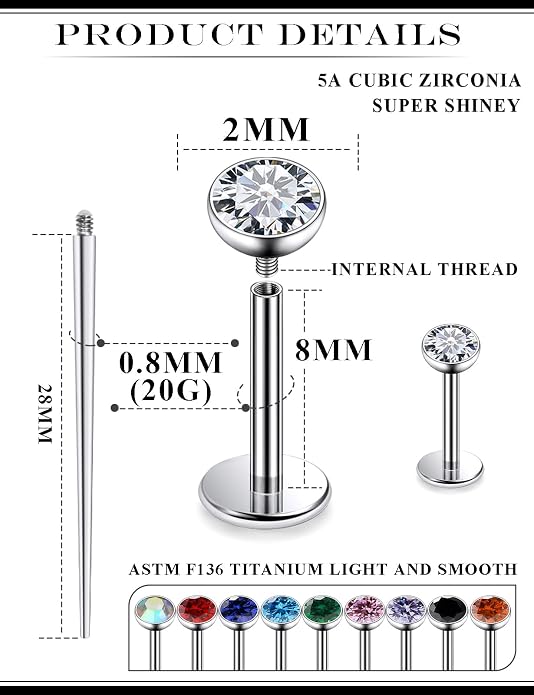 20G 18G 16G Astm F136 Titanium Internal Thread Flat Back Earrings Nose Studs Tragus Helix Conch Cartilage Lobe Earrings Medusa Labret Snake Bite Monroe Lip Ring Piercing Jewelry For Women Men