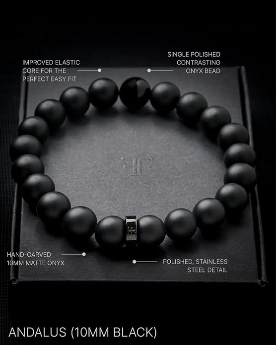 Forge & Foundry Men’s Matte Black Solid Onyx Beaded Bracelet | 10mm, 8mm, 6mm Bead Size Options | Signature Stainless Steel Engraved Bead | Andalus
