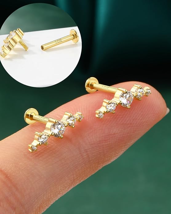 COCHARM Yellow Gold Helix Earring Stud 16g Flat Back 10K Real Gold Climber Helix Piercing Jewelry 6mm Solid Gold Cartilage Stud 8mm Cute 10kt Conch Stud Jewelry Hypoallergenic for Ears