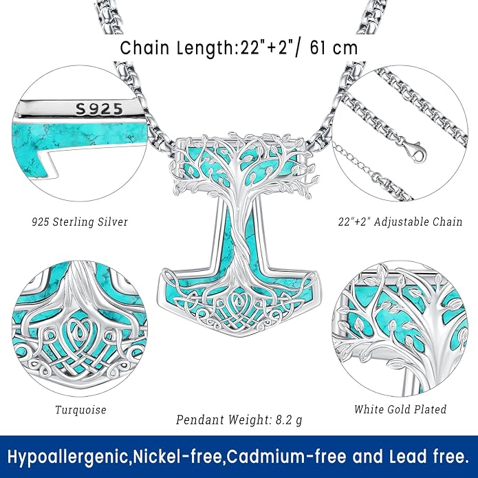 Eusense Viking Jewelry for Men Women Sterling Silver 925 Mjolnir Thors Hammer Pendant Celtic Cross Necklace Wolf Odin Raven Freya Goddess Norse Pagan Compass Vegvisir Yggdrasil Nordic Viking Necklaces Gifts