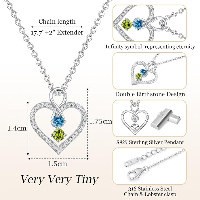 LOUISA SECRET Double Birthstone Necklaces for Women, 925 Sterling Silver Infinity Love Heart Pendant Necklace for Her, Birthday Anniversary Valentine's Day, Christmas, Wedding, Graduation Gift for Her, Personalized Gifts, Jewelry Gifts for Wife Mom Gir...