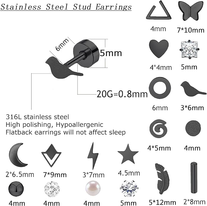 MJust 18 Pairs Women‘s Hypoallergenic Flat Back Stud Earrings, 20g Stainless Steel Earrings Sets for Men, Tiny Unisex Screw Back Cartilage Earrings.