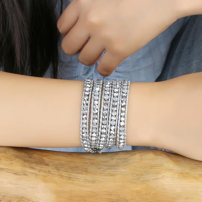 KELITCH Pearl Crystal Beads Bracelets Handmade Natural Leather 5 Wrap Bracelet for Women Classic Bangle Jewelry