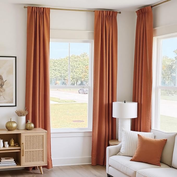 INOVADAY 100% Blackout Curtains 84 Inches Length 2 Panels Set, Back Tab/Rod Pocket Linen Black Out Curtains for Bedroom, Thermal Insulated Window Drapes - Burnt Orange, W50 X L84