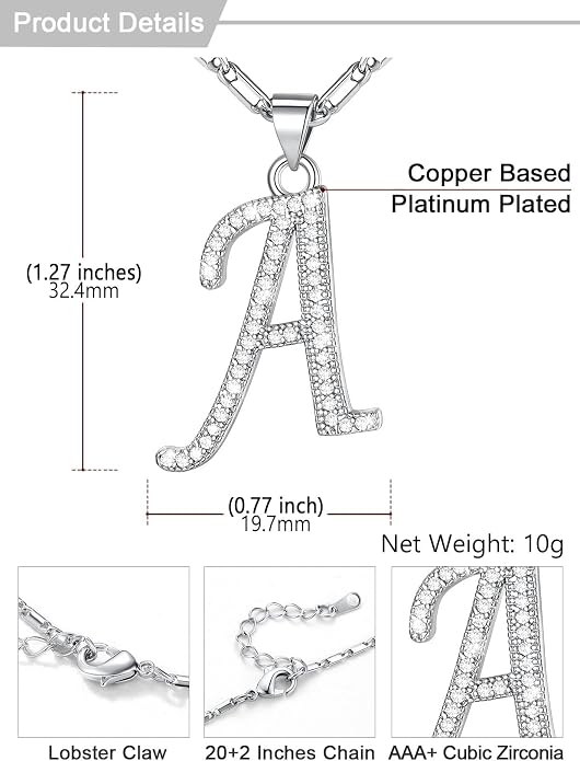 U7 Initial Necklace for Women, Gold/Platinum Plated CZ Crystal Letter A-Z Pendant Necklace, Shiny 20 Inch Name Chain Dainty Personalized Jewelry for Men Mom Wife Friend