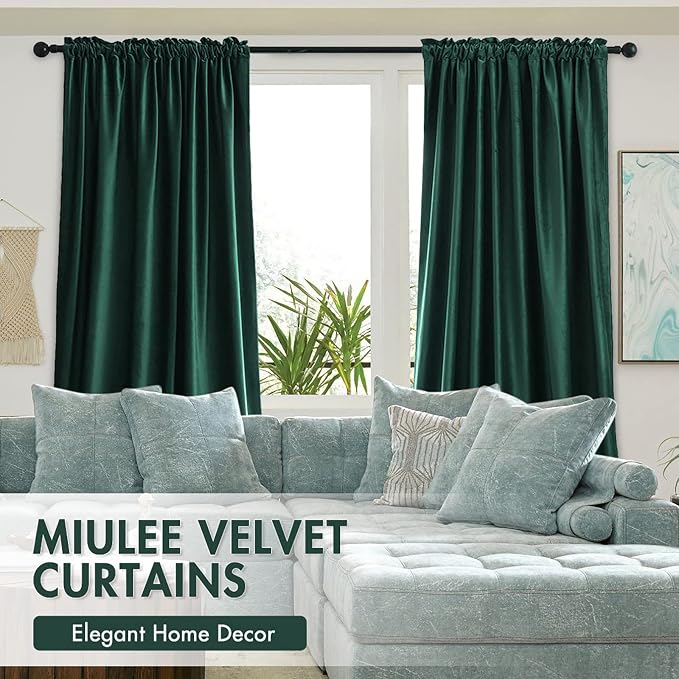 MIULEE Dark Green Blackout Velvet Curtains Drapes 96 Inch Long 52"x96" | Luxurious Bedroom Living Room Decor, Room Darkening, Thermal Insulated, Rod Pocket Design, Super Soft Fabric