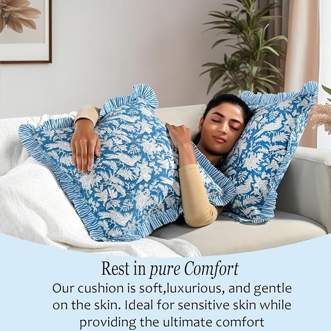 CPC Block Print Ruffle Throw Cover Blue Sapphire 20"x20" Inch Pack of 2-100% Cotton Ruffle Couch Decorative Boho Pillows Case for Living Room, Bedroom, Sofa, Farmhouse Gift for Spring, Mother's Day