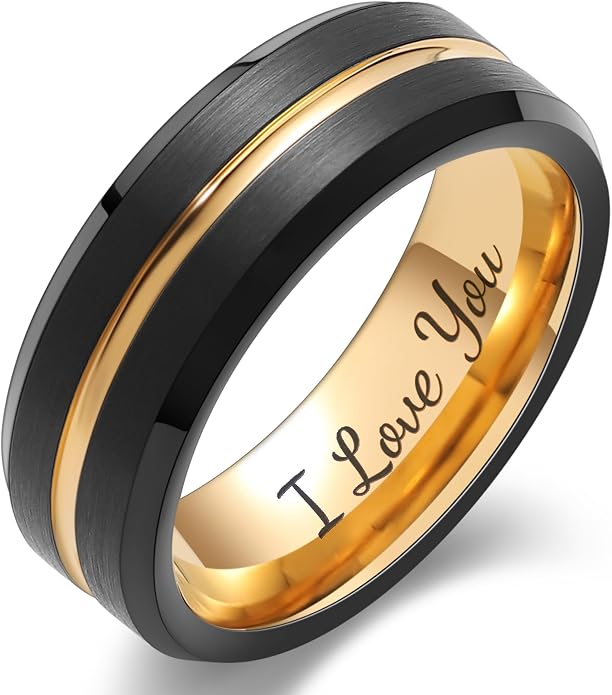 LerchPhi Tungsten Wedding Band for Men, Engraved and Customizable Promise Rings for Him and Her, Width 6MM 8MM Size 6-14, Center Grooved Beveled Edge, Comfort Fit
