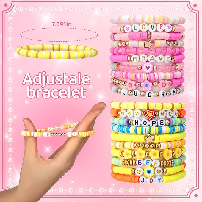 Landical 64 Pcs Preppy Jewelry Bracelets for Women Colorful Vinyl Bead Clay Party Favor Packs Bulk Beaded Bracelet Accessories Jewelry for Boho Summer Beach Goody Bag Fillers Party Supplies