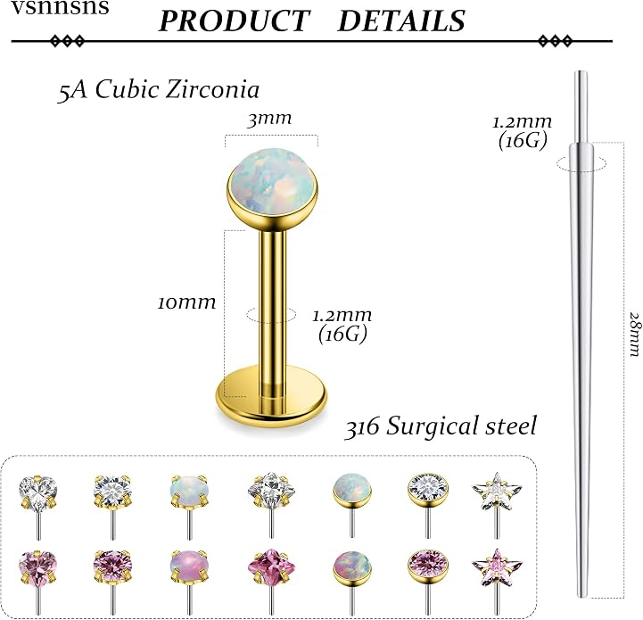 Vsnnsns 14K Gold Plated 16G 18G 20G Threadless Nose Rings Studs Flat Back Earrings Stainless Steel Tragus Helix Conch Earrings Stud Snake Bite Lip Rings Labret Medusa Piercing Jewelry for Women Men