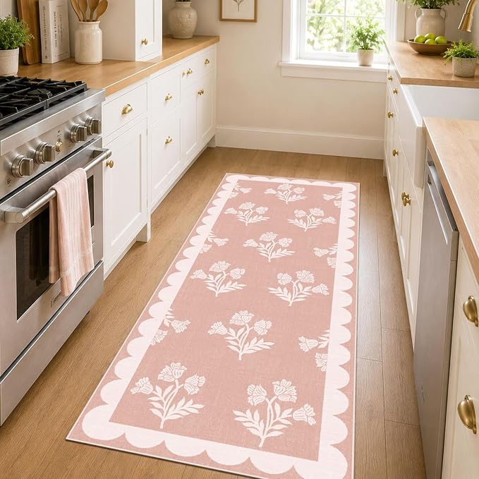 Non Slip Washable Kitchen Runner Rug - 2x6 Pastel Pink Floral Hallway Runner Rugs Soft Boho Runners for Hallways Preppy Scalloped Laundry Room Rug Floor Rugs for Bedroom Entryway Bathroom