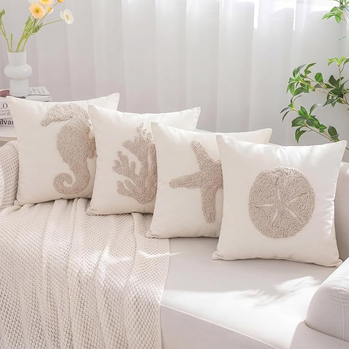 4 Pcs Coastal Beach Pillow Covers 18x18 Starfish Seahorse Coral Sand Dollar Embroidery Nautical Throw Pillow Covers Cushion Cases for Bedroom Sofa Ocean Summer Theme Holiday Home Decoration