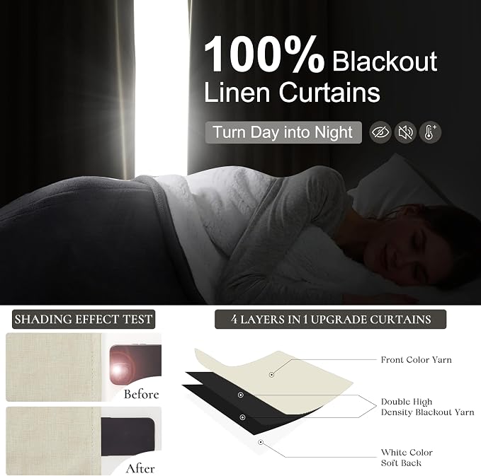 90 Inch Warm Cream Linen Blend Curtains for Living Room, Blackout Pleated Rustic Boho Curtain Room Darkening Privacy for Nursery/Office Thermal Windows Drapes 2 Panels Set with Back Tab Rod Pocket
