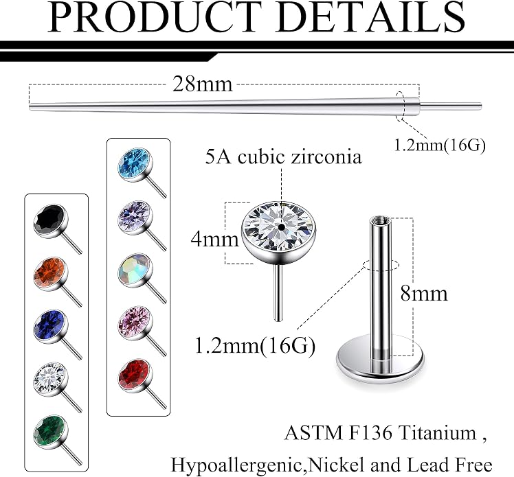 Ruifan Titanium Flat Back Lip Rings Threadless Push in Earrings Studs Nose Rings 20G 18G 16G Jeweled Mix Colors CZ Tragus Cartilage Lobe Rook Helix Conch Labret Medusa Piercing Jewelry for Women Men