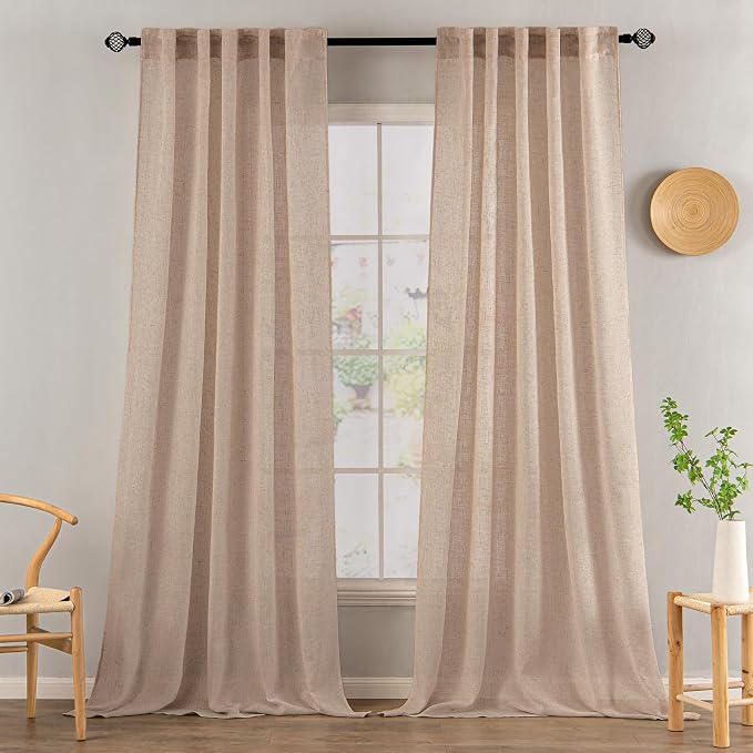 MIULEE Natural Beige Linen Curtains 90 Inch Long 2 Panels for Bedroom Living Room, Soft Linen Textured Window Drapes Semi Sheer Light Filtering Back Tab Rod Pocket Farmhouse Burlap Look Decor