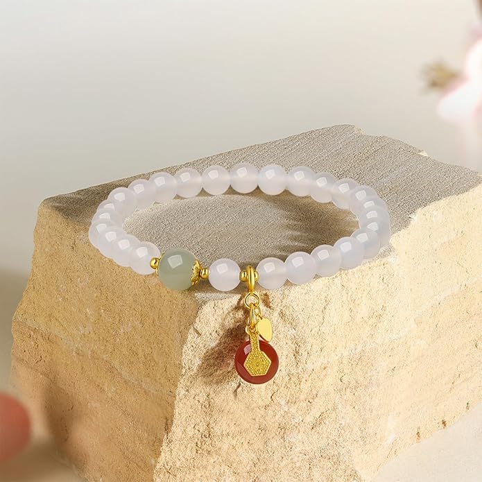 ZHOU LIU FU Silver Beaded Bracelets for Women Adjustable Silver Carnelian Roll White Chalcedony Gemstone Stretch Bracelets Mom Birthday
