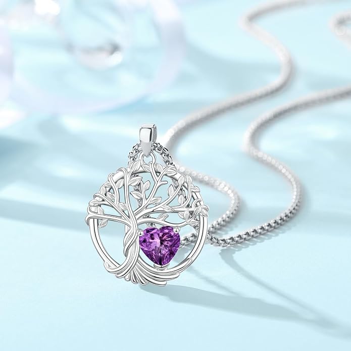 Birthstone Tree of Life Necklace for Women Heart Crystal Pendant Silver Plated Birthday Anniversary Jewelry for Wife, Mom, and Her
