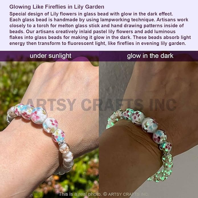 ARTSY Crafts Lily Garden Glow in the Dark Firefly Bead Bracelets Necklaces, Handmade in USA Murano Glass Jewelry, Flower Luminous Beads Mermaid Crystal Bracelet Bangle