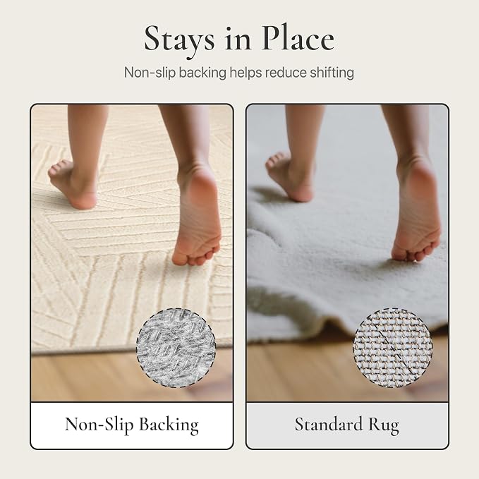 GENIMO Soft Washable Area Rugs 5x7, 3D Modern Line Design Rugs for Living Room, High-Low Pile Textured Non Slip Fuzzy Shag Carpet, Non-Shedding Stain Resistant Beige Carpet for Bedroom, Dining Room