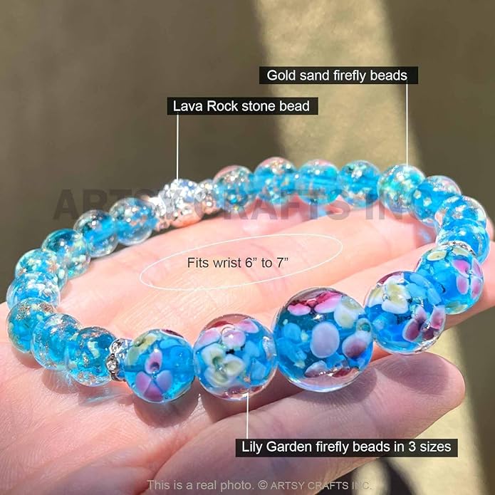 ARTSY Crafts Lily Garden Glow in the Dark Firefly Bead Bracelets Necklaces, Handmade in USA Murano Glass Jewelry, Flower Luminous Beads Mermaid Crystal Bracelet Bangle