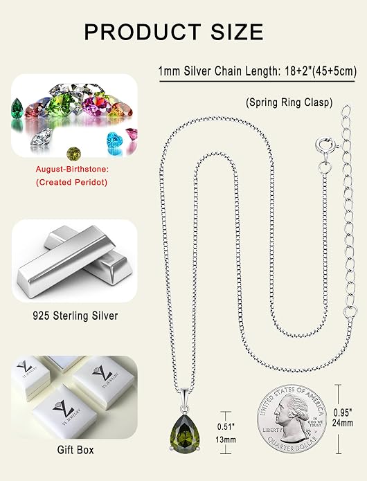 YL Teardrop Necklace 925 Sterling Silver Solitaire Pendant 9x12 MM Pear Cut Multicolored Birthstone Jewelry for Women