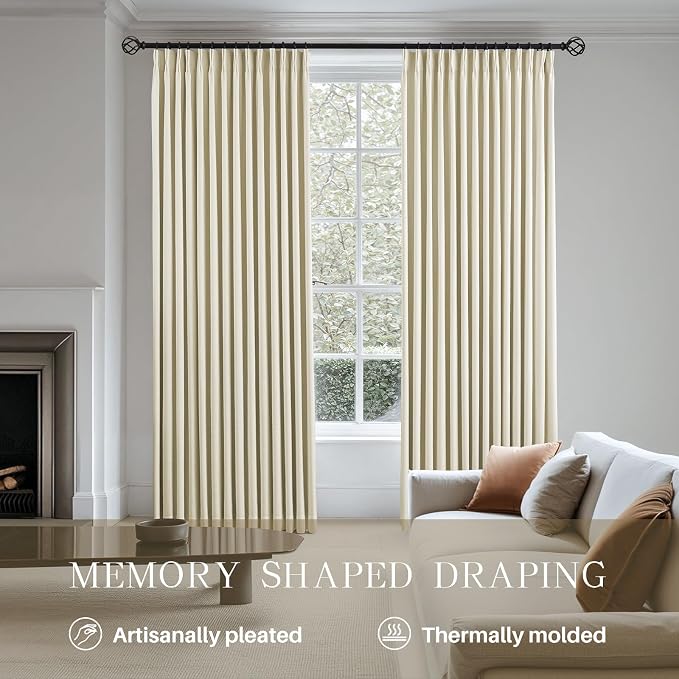 Pinch Pleated Curtains 100% Blackout Linen Curtains 108 Inches Long for Bedroom Living Room, Creamy Beige Memory Trained Thermal Insulated Room Darkening Window Drapes with Hooks 1 Panel 60"Wx108"L