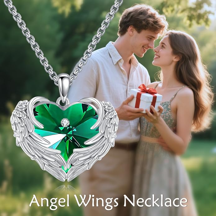 Angel Wings Necklace for Women 925 Sterling Silver Birthstone Guardian Necklace Jewelry Angel Wings Moonstone, Crystal Pendant Jewelry Gifts