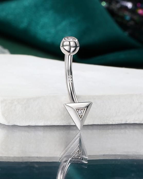COCHARM 14K Gold Plated925 Sterling Silver Belly Button Ring Gold Filled Triangle Belly Navel Ring Cute 14g Unique Belly Piercing Jewelry For Women Men Mini Belly Bar Nickel Free