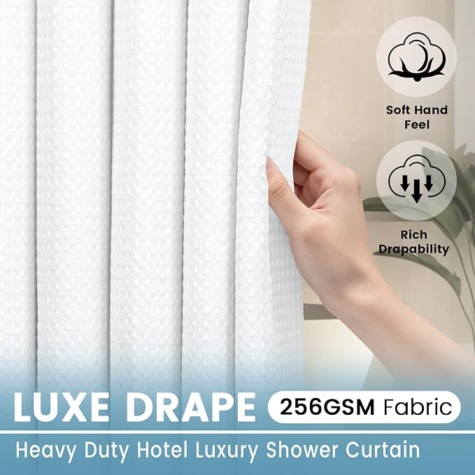 EUTXL Heavyweight Long No Hook Shower Curtain with Snap in Liner,256GSM Waffle Weave Shower Curtains for Bathroom,71W x 86H,White