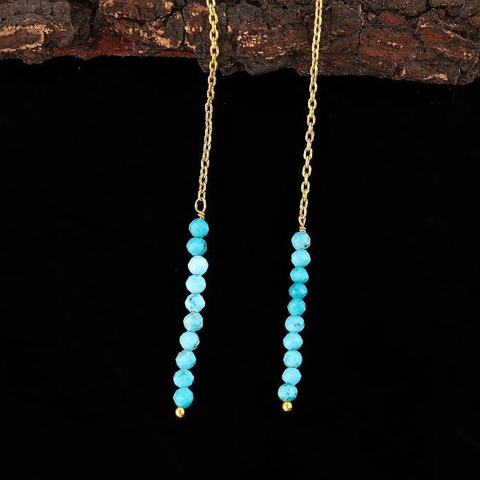 Natural Gemstone Threader Earrings for Women - Dainty 2mm Faceted Beads - Birthstone Crystal Drop Earrings - Silver Plated Healing Jewelry