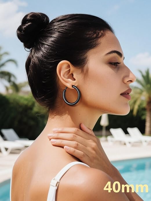 Bestyle 5mm Thick Gold Hoop Earrings Hypoallergenic Hoops for Sensitive Ears Trendy Lightweight Chunky Earrings for Women 30/40/60/80mm