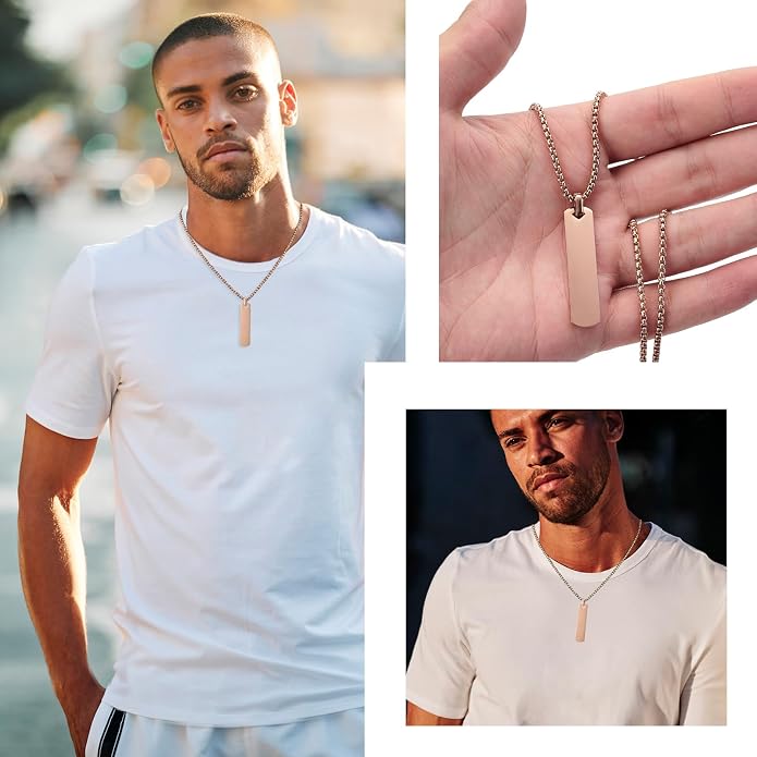 Fathers Day Personalized Vertical Bar Pendant Necklace - Custom Name Text Necklace Customized Stainless Steel Memorial Necklace Dad Gifts for Men