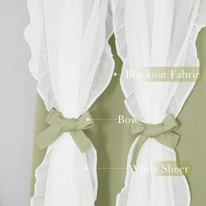 PONY DANCE Blackout Curtains for Whimsical Forest Teen Room，Double Layer Drapes Ruffle Sheer Overlay Farmhouse Rustic Design, W 52 x L 84 Inches, Meadow Green, 2 Panels