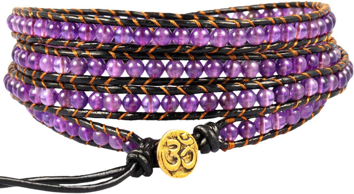 Nupuyai Handmade Leather Beaded Stone Wraps Bracelet Collection for Unisex